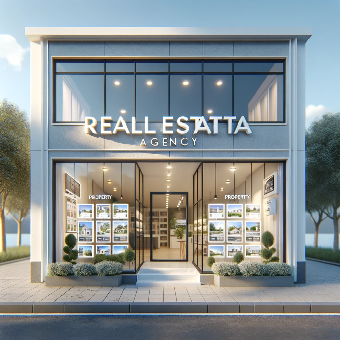 DALL·E 2024-01-19 20.55.56 - Create an image of the exterior of a real estate agency. The building should have a professional and welcoming appearance, with large windows displayi.png