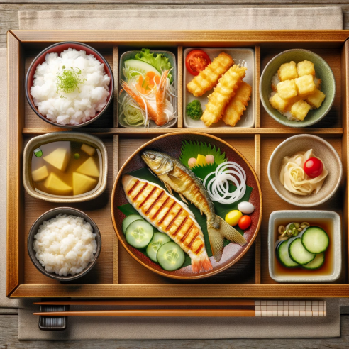 DALL·E 2024-01-19 20.54.24 - Create an image of a traditional Japanese set meal, known as 'teishoku'. The meal should include a main dish like grilled fish or tempura, a bowl of s.png