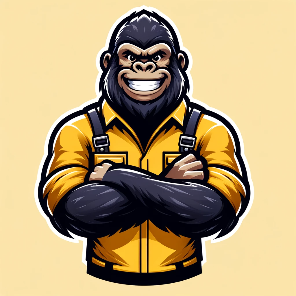 DALL·E 2024-01-17 18.19.20 - A character design of a gorilla smiling and dressed in yellow work clothes, in a powerful pose. The gorilla should have a confident and strong stance,.png