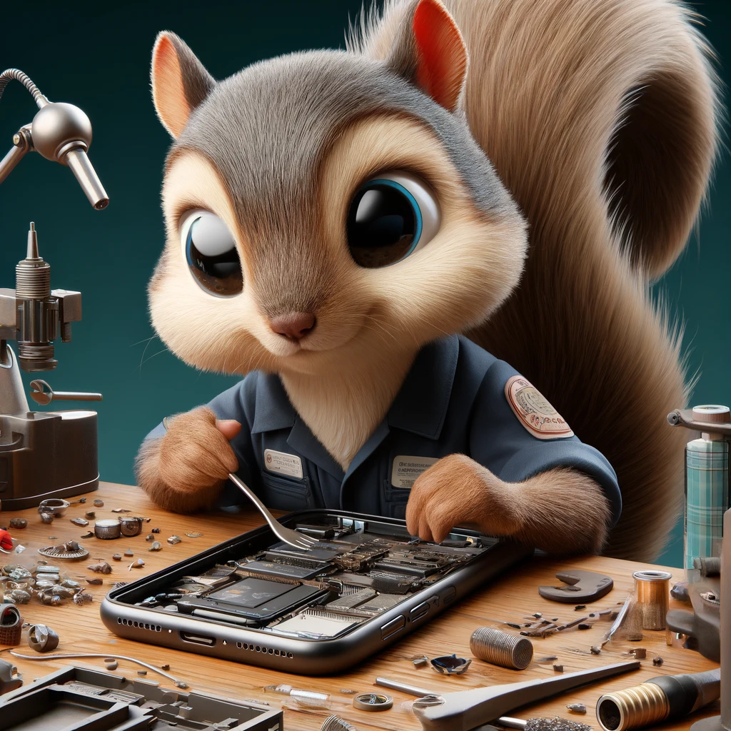 DALL·E 2024-10-27 21.26.03 - A highly detailed and meticulously crafted illustration of a squirrel character dressed as a smartphone repair technician, working carefully on a smar.webp