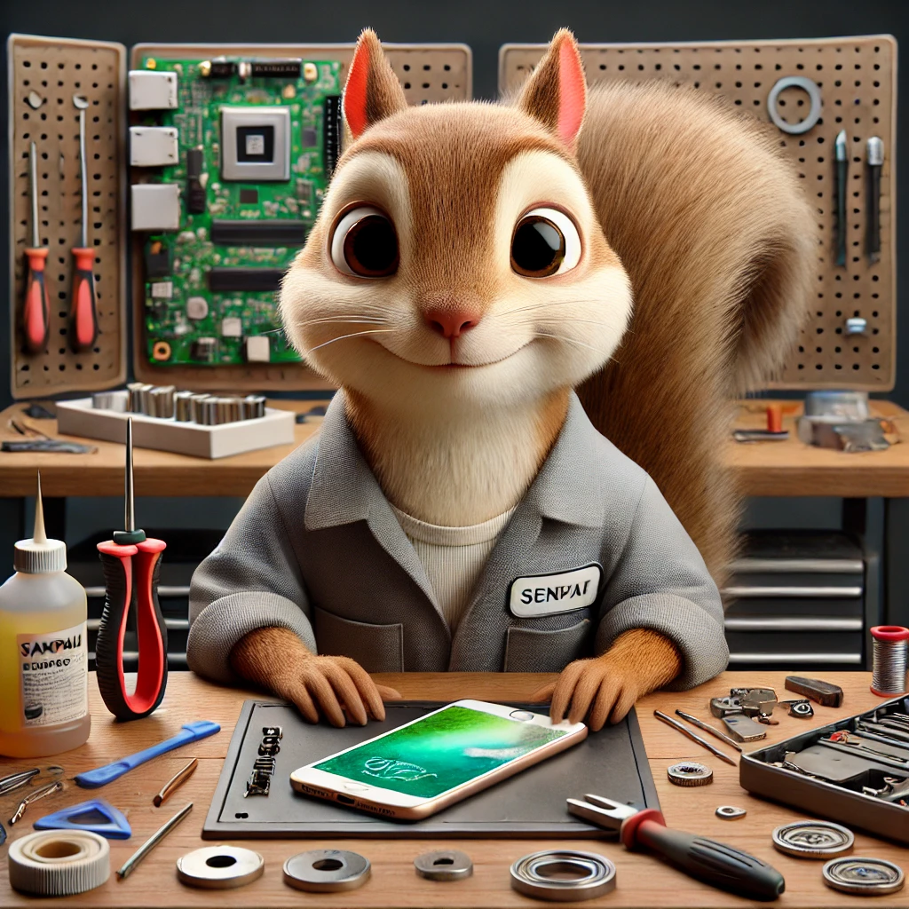 DALL·E 2024-10-27 21.26.09 - A Pixar-like, meticulously crafted illustration of a squirrel character dressed as a smartphone repair technician. The squirrel has a gentle, smiling .webp