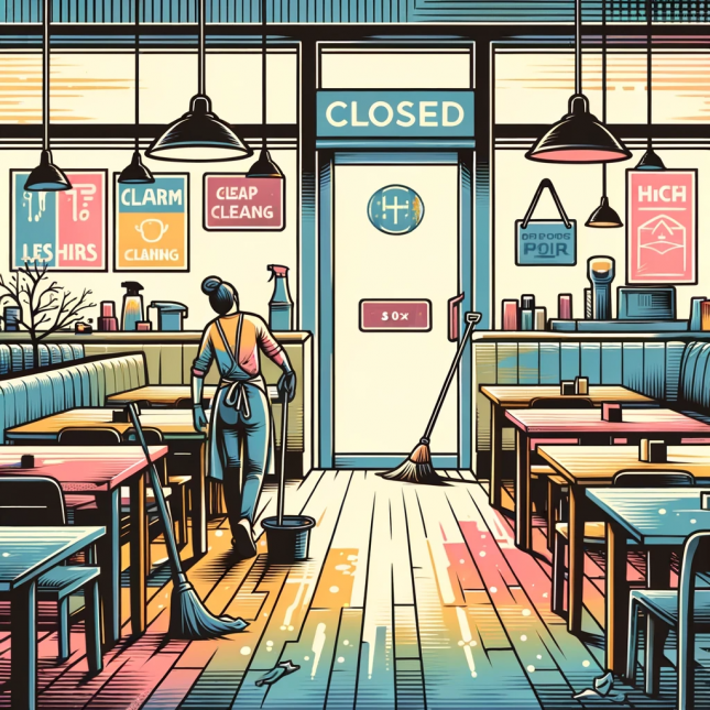DALL·E 2024-01-19 15.13.14 - An illustration-style image depicting the atmosphere of a bleak cleaning scene at a closed restaurant, in a size of 300x300. The design should capture.png