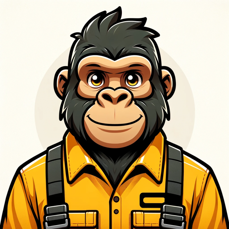 DALL·E 2024-01-17 18.24.06 - A character design of a friendly gorilla, dressed in yellow work clothes. The gorilla should appear amiable and approachable, with a warm and inviting.png