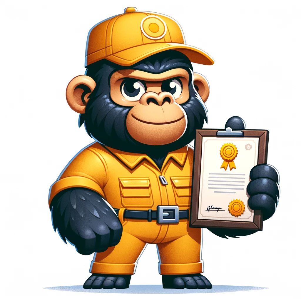 DALL·E 2024-01-17 18.25.33 - A character design of a friendly gorilla, dressed in yellow work clothes and holding a qualification certificate. The gorilla should have a warm and i.png