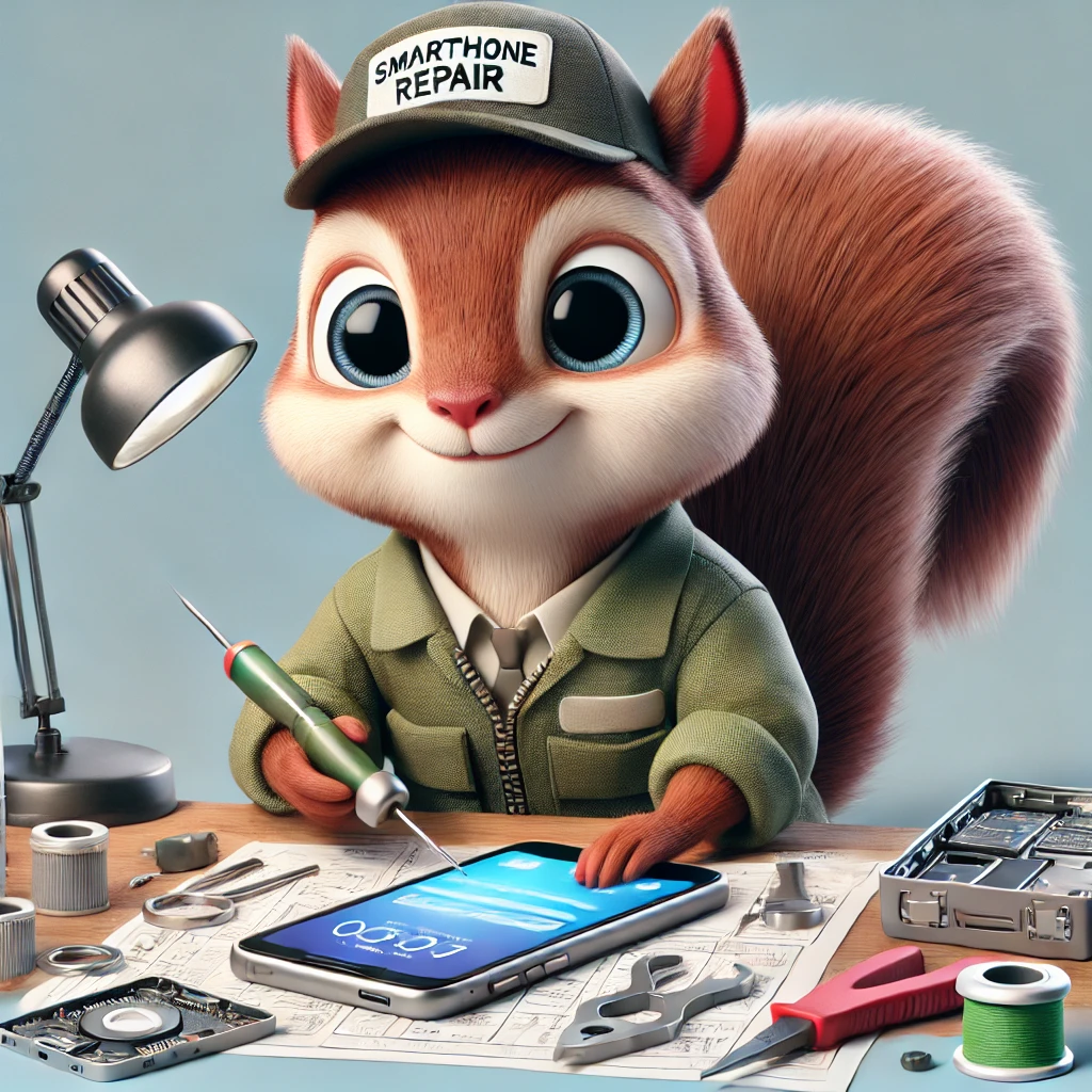 DALL·E 2024-10-27 21.25.58 - A Pixar-like, highly detailed and meticulously crafted illustration of a squirrel character dressed as a smartphone repair technician. The squirrel ha.webp