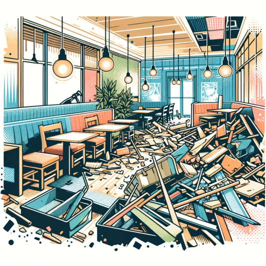 DALL·E 2024-01-17 21.16.33 - An illustration-style image depicting the atmosphere of a restaurant's demolition site, in a size of 300x300. The design should capture the scene of a.png