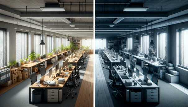 DALL·E 2024-01-25 09.53.46 - A single image showing a before and after view of an office interior renovation in a 40-tsubo space (approximately 132 square meters). The image is di.png