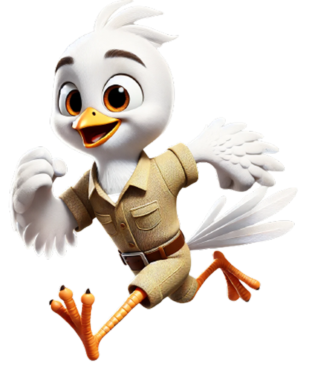 DALL·E 2025-03-22 21.01.15 - A cartoon-style white bird character, consistently matching a previously created young version. The bird has a slim and friendly appearance with white.png