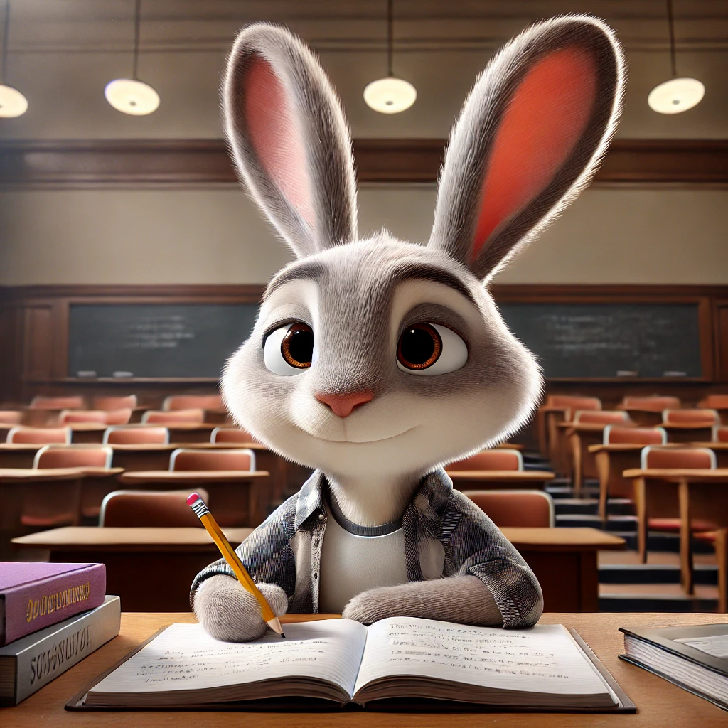 DALL·E 2025-01-05 10.45.27 - A full-body view of a Pixar-style animated rabbit character with upright ears, soft fur, and expressive eyes, studying at a university desk. The rabbi.webp