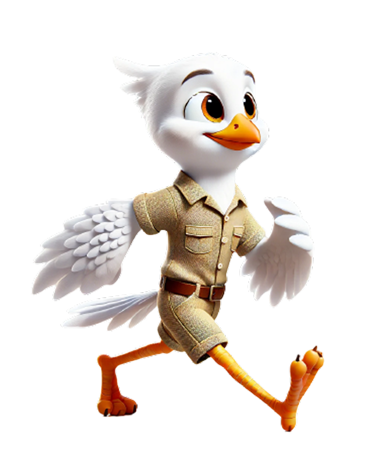 DALL·E 2025-03-22 21.01.23 - A cartoon-style white bird character, appearing about 2 years younger than a previously created version, walking to the right. The bird has a slim and.png