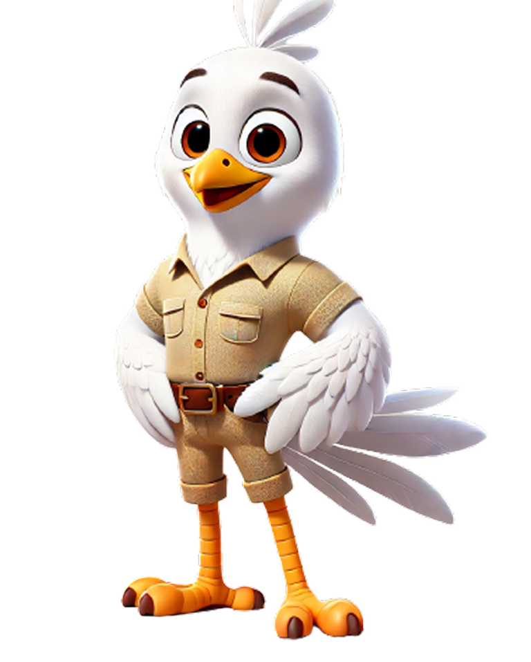 DALL·E 2025-03-22 21.01.19 - A cartoon-style white bird character, consistently matching a previously created young version. The bird has a slim and friendly appearance with white.png