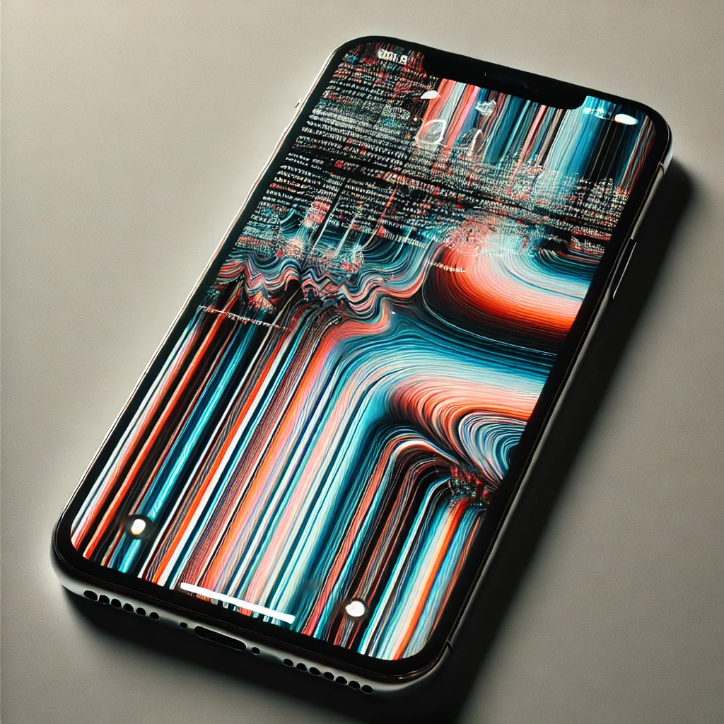 DALL·E 2025-01-31 15.58.11 - A close-up of an iPhone with a malfunctioning display. The screen shows severe distortions such as flickering, multi-colored lines, blacked-out sectio.webp