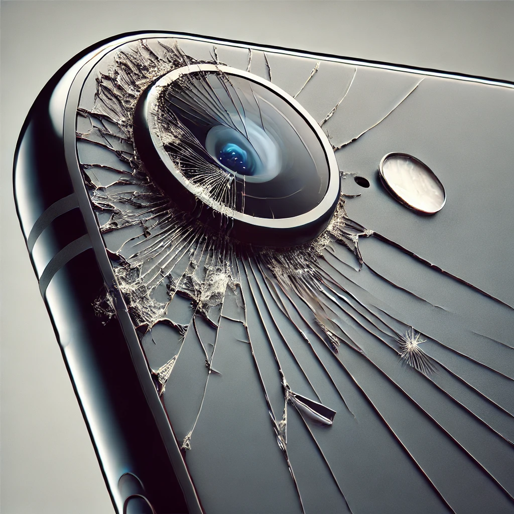 DALL·E 2025-01-31 18.09.28 - A close-up of an iPhone with a cracked rear camera lens. The lens has visible cracks and damage, with small glass shards around the area. The iPhone b.webp