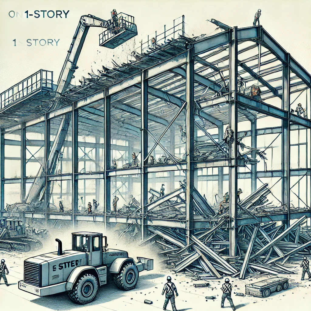 DALL·E 2024-12-08 17.03.39 - An illustration of a demolition site for a 1-story heavy steel frame building. The building is clearly one story tall, with visible steel beams and fr.webp