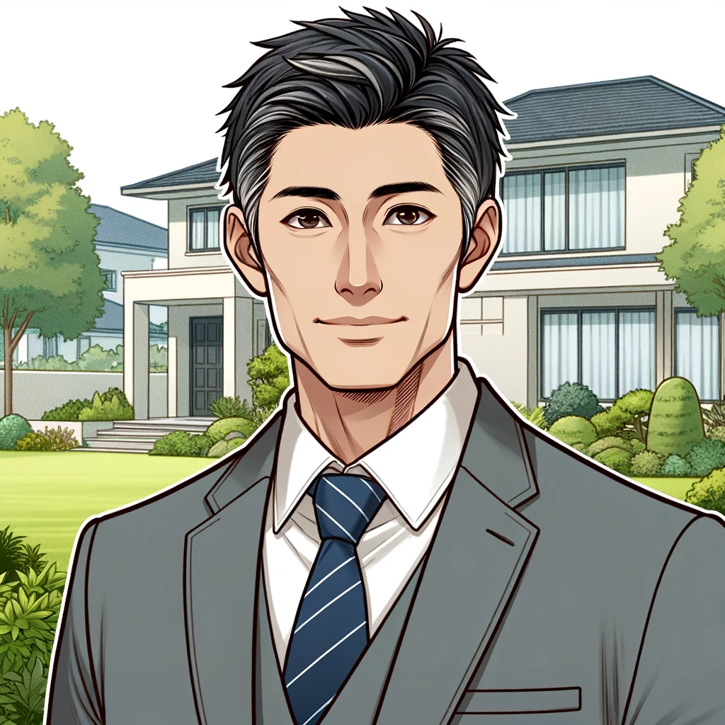 DALL·E 2024-02-26 12.32.54 - Create an image in the style of the uploaded illustration depicting a 40-year-old Japanese man, wearing professional yet relaxed attire, standing in f.webp