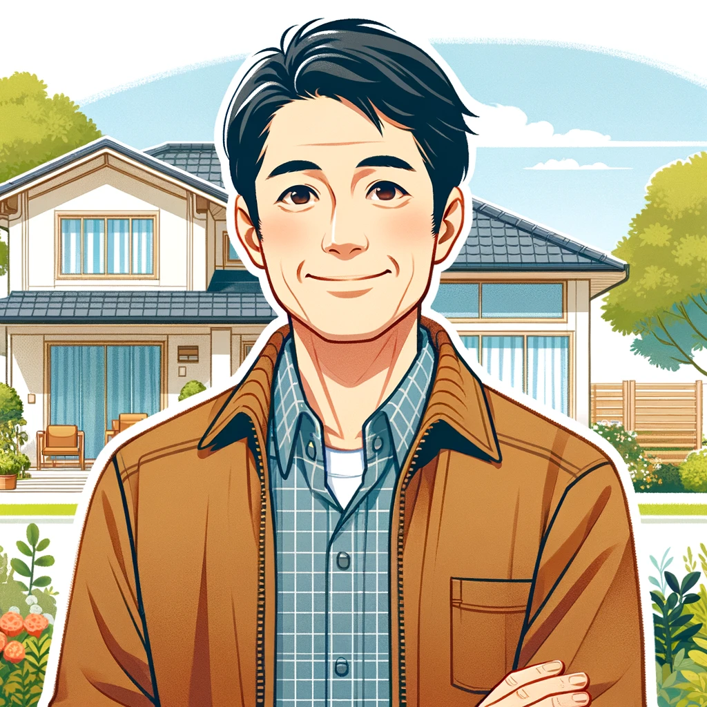 DALL·E 2024-02-26 12.32.11 - Create an image in the style of the uploaded illustration depicting a 50-year-old Japanese man, dressed in casual modern clothing, smiling and standin.webp