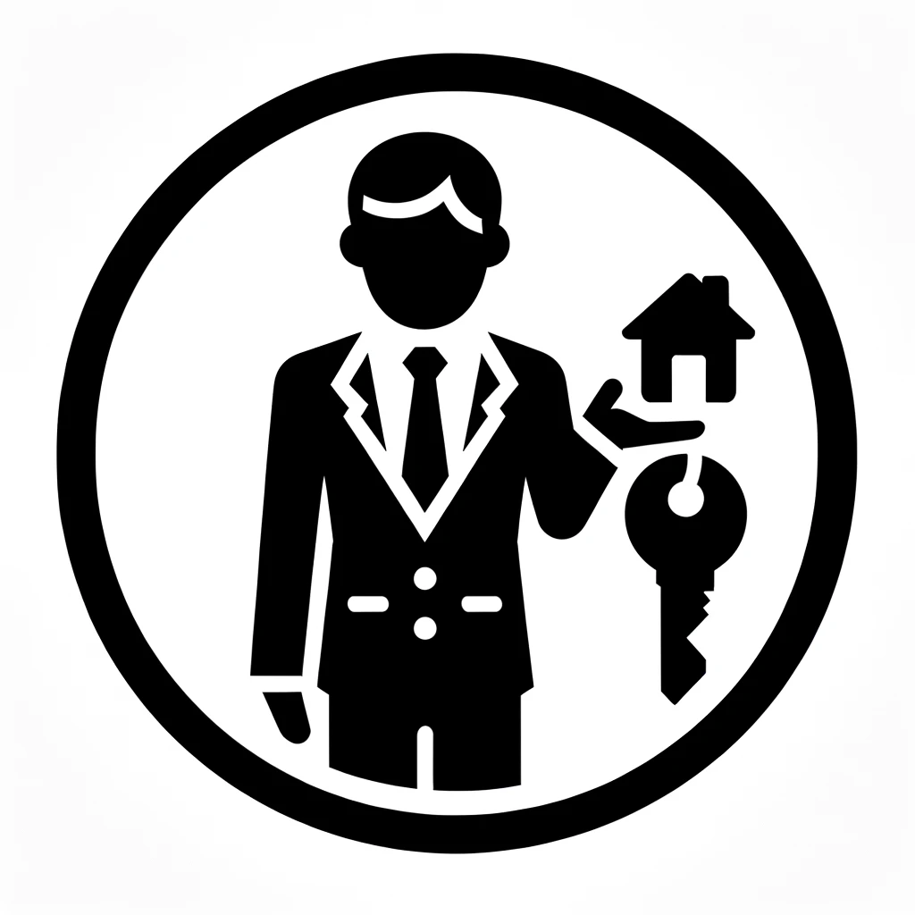 DALLﾂｷE 2024-02-08 11.38.23 - Icon 3_ Depicting a property viewing, this icon shows a real estate agent in formal attire, against a white background, holding keys in one hand and g.jpg