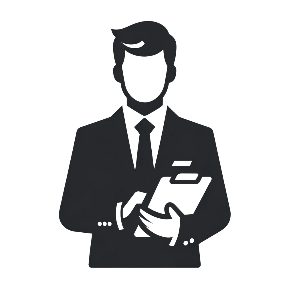DALLﾂｷE 2024-02-08 11.38.18 - Icon 1_ A professional-looking person in business attire (representing a real estate agent) standing against a white background, holding a clipboard o.jpg