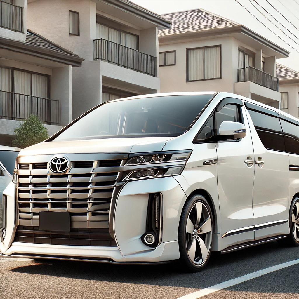DALL·E 2025-01-12 12.23.26 - A realistic and visually appealing illustration inspired by the Toyota Alphard luxury van. The vehicle is depicted in a sleek, white design with bold .webp