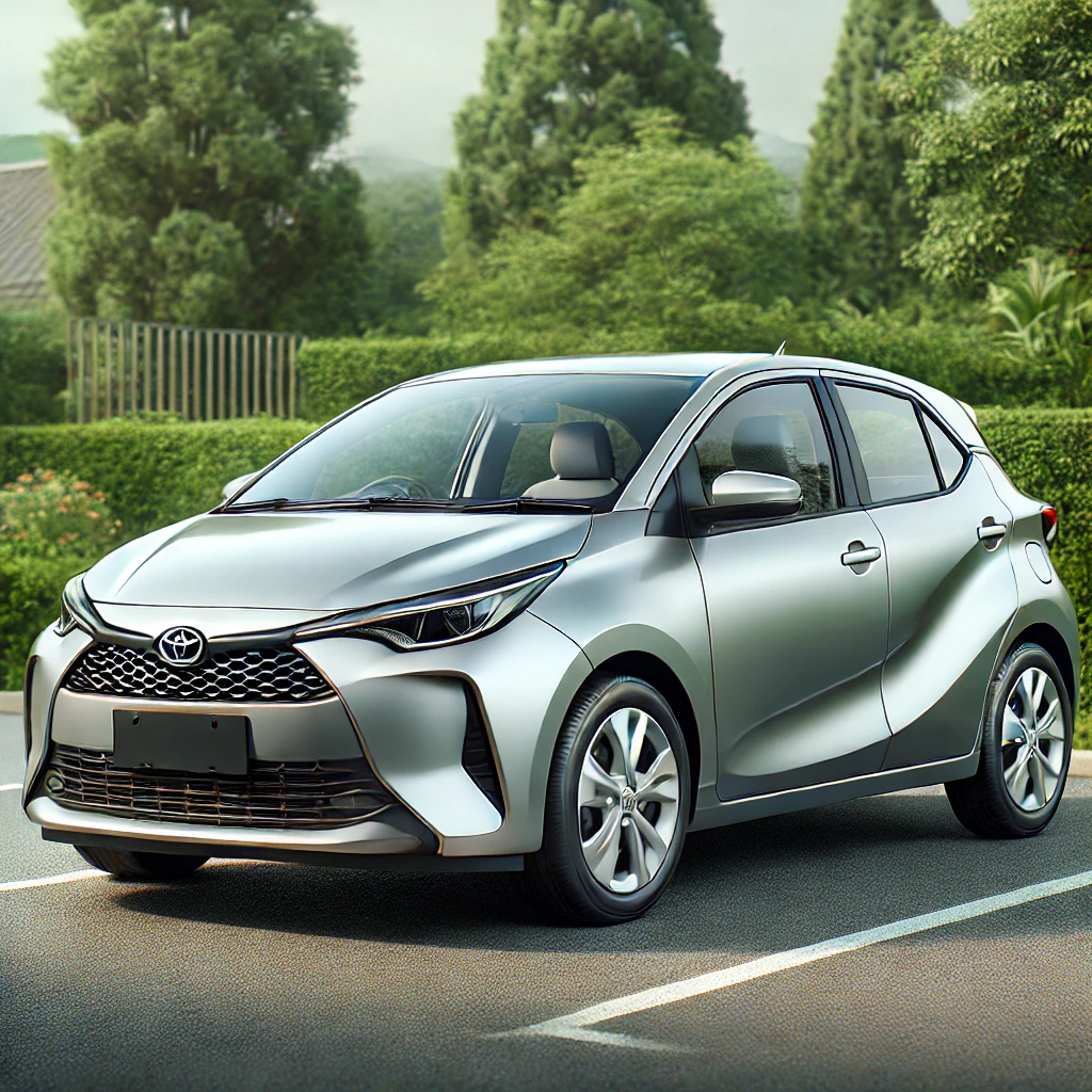 DALL·E 2025-01-12 12.23.56 - A realistic and visually appealing illustration inspired by the Toyota Aqua compact car. The vehicle is depicted in a sleek silver design with clean a.webp