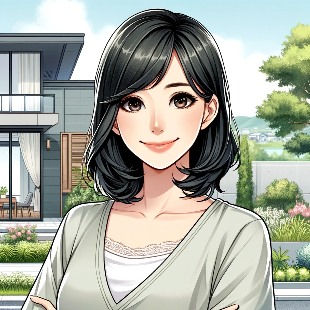 DALL·E 2024-02-26 12.32.15 - Create an image in the style of the uploaded illustration depicting a 50-year-old Japanese woman, wearing a stylish yet comfortable outfit, standing o.webp