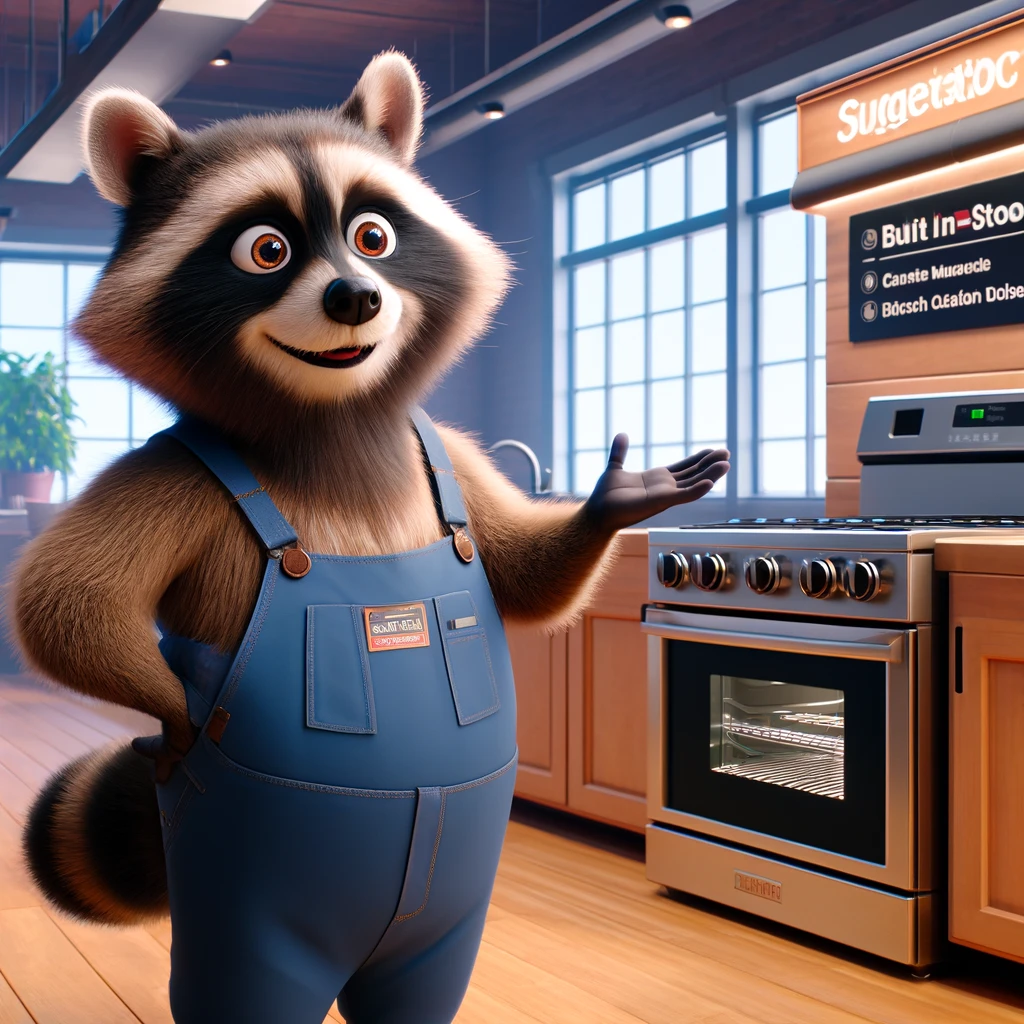 DALL·E 2024-05-12 18.49.40 - Create an image of a raccoon character in Pixar-style animation, depicted suggesting a built-in stove to a customer in a store, wearing overalls. The .webp