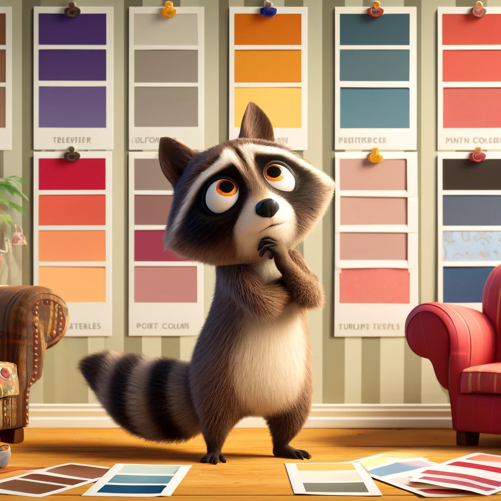 DALL·E 2024-05-12 16.22.24 - Create an image of a raccoon character in Pixar-style animation, depicted as contemplative while considering different design options for a room. The .webp
