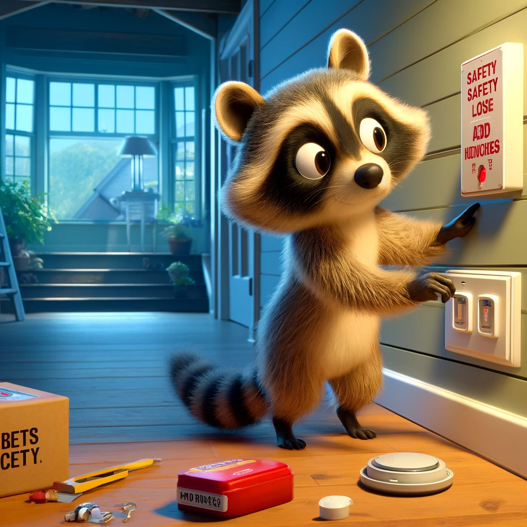 DALL·E 2024-05-12 16.22.45 - Create an image of a raccoon character in Pixar-style animation, depicted examining safety features and adding enhancements to a home environment. The.webp