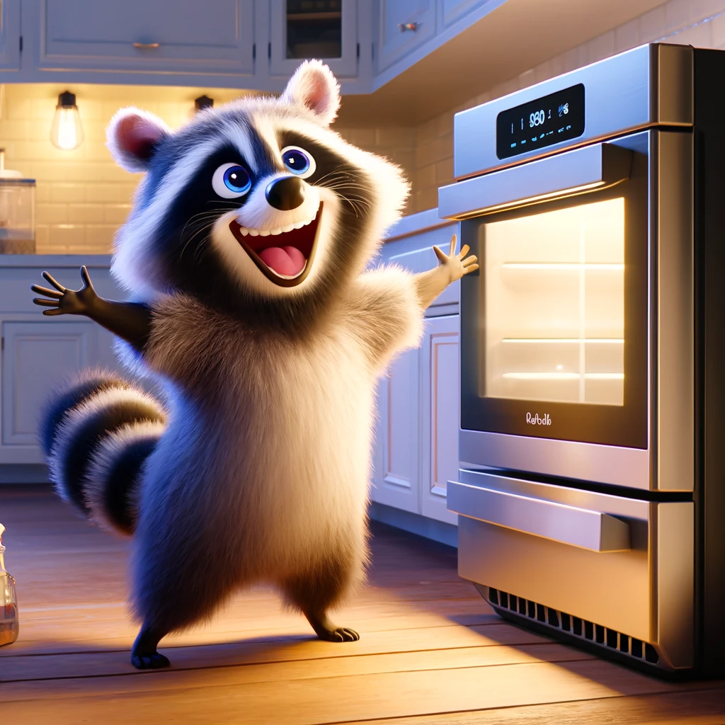 DALL·E 2024-05-12 16.22.34 - Create an image of a raccoon character in Pixar-style animation, depicted showing excitement about upgrading to the latest technology in a kitchen. Th.webp