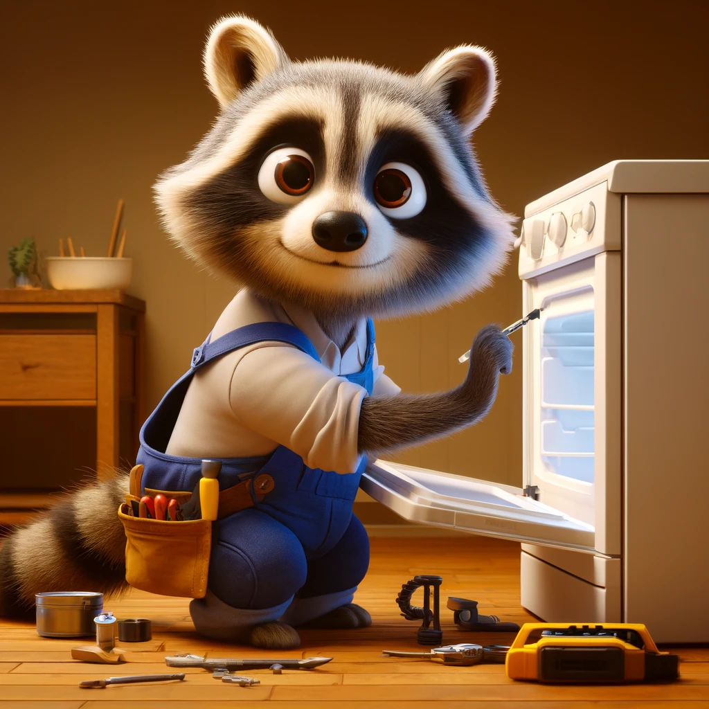 DALL·E 2024-05-12 18.46.30 - Create an image of a raccoon character in Pixar-style animation, depicted performing a meticulous installation at a customer's home, wearing overalls.webp