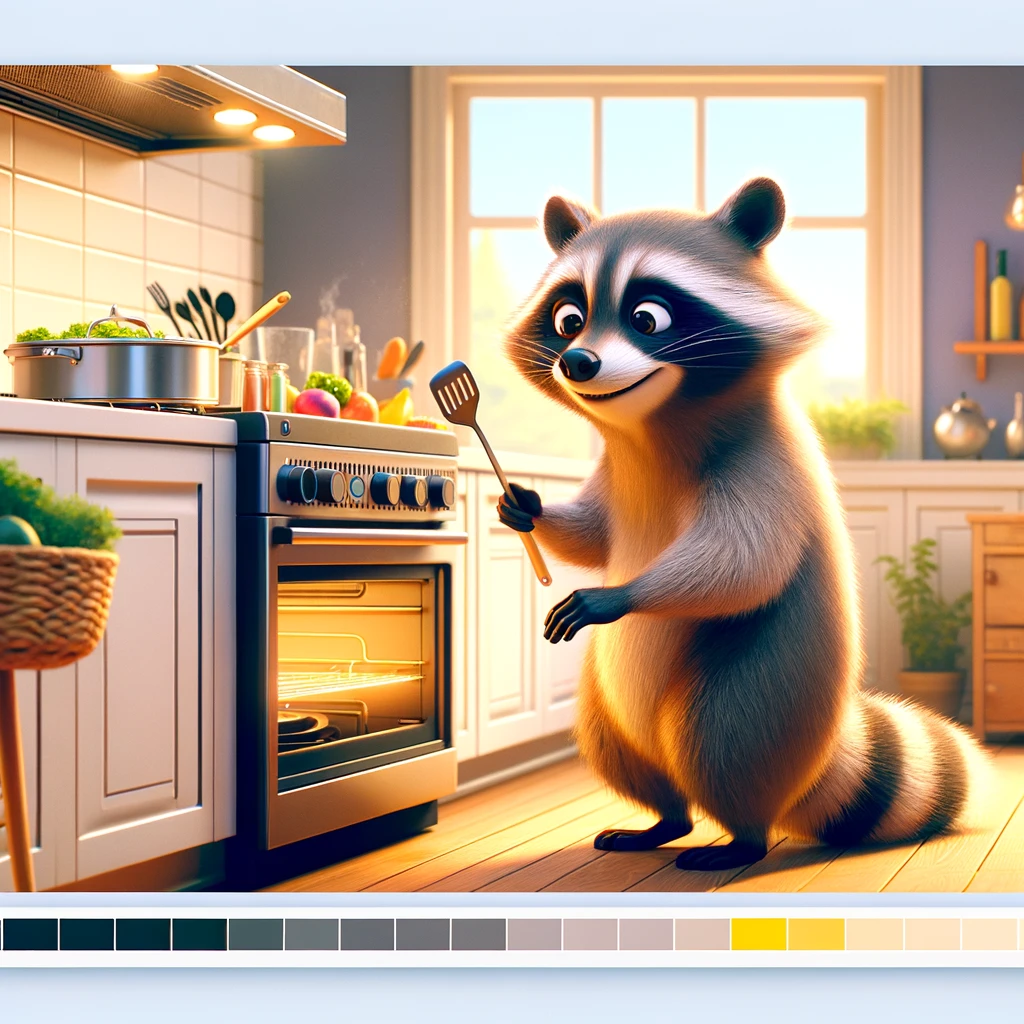 DALL·E 2024-05-12 16.25.59 - Create an image of a raccoon character in Pixar-style animation, depicted using a built-in stove in a kitchen. The raccoon should be cooking or intera.webp